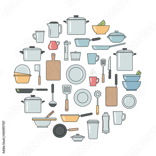 A diverse collection of essential kitchenware and cooking utensils arranged in a circular pattern