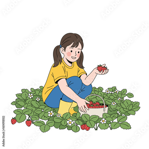 A young girl happily picking fresh red strawberries from a patch of green plants in a garden during daytime on a white background