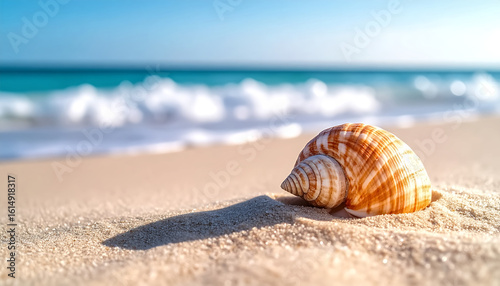 Fototapeta Naklejka Na Ścianę i Meble -  Close-up of a spiral shell partially buried in sand with soft ocean waves in the background