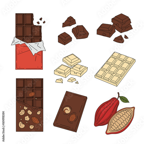 A collection of delicious chocolate bars pieces and cacao pods featuring dark milk and white chocolate varieties