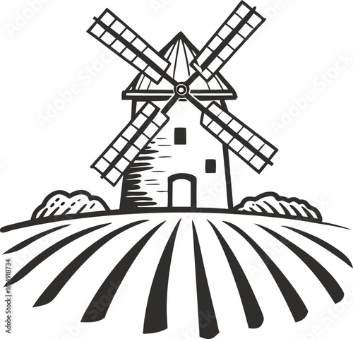 Traditional windmill and farmland illustration rural landscape with vintage mill, agriculture field, countryside scenery
