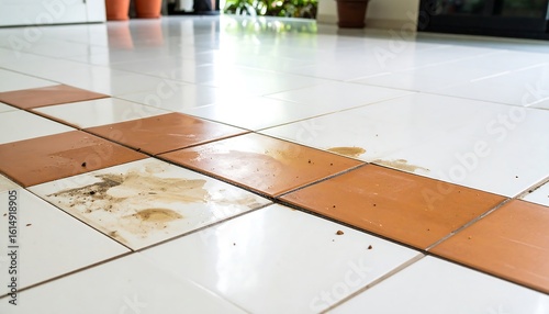 Interior tiled floor with dirt stains