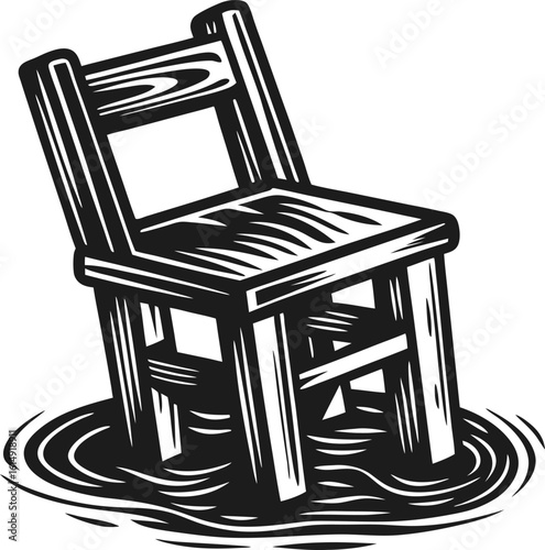 Wooden chair sinking into water, black and white illustration surreal concept, unexpected situation, isolated on white background