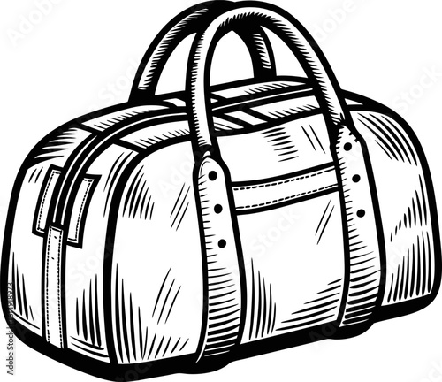 Classic travel duffel bag illustration with handles vintage hand drawn luggage, sketch design for adventure and journey