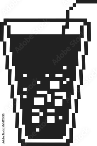 Pixelated glass of soda with straw, isolated digital retro beverage icon, minimal black and white soft drink illustration