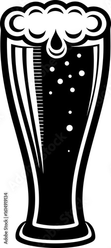 Tall foamy beer glass illustration classic pint silhouette with bubbles, simple black and white graphic for beverage themes