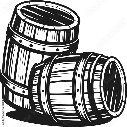 Vintage wooden barrels illustration classic oak casks for aging wine, whiskey, beer or spirits, rustic retro