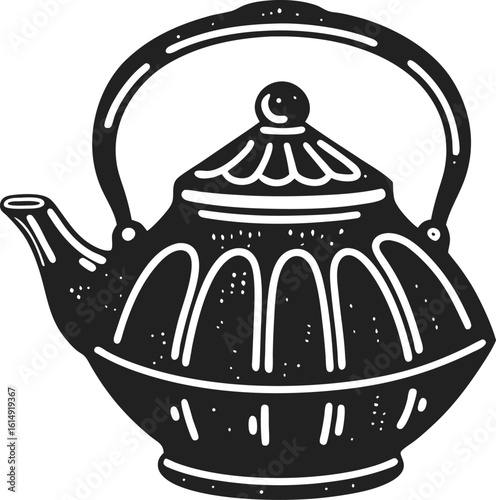 Classic vintage teapot silhouette retro black and white ornate tea kettle illustration, traditional kitchen cookware decor icon