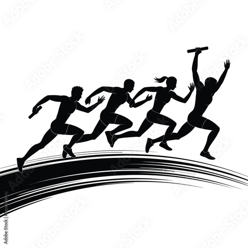 Silhouette of a relay race team running with a baton