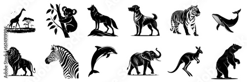 set of silhouettes of flowers