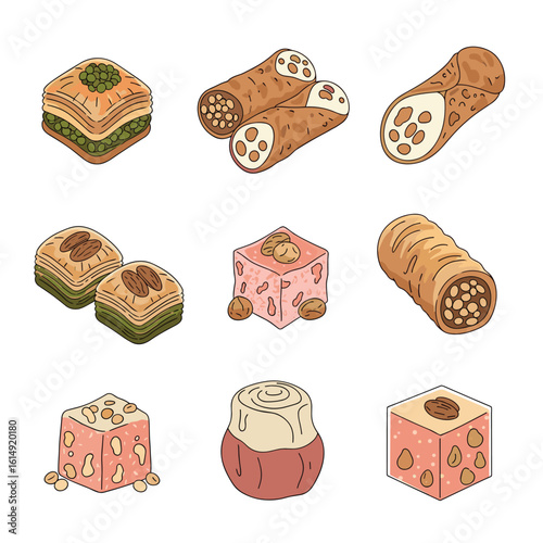 A delicious assortment of middle eastern and mediterranean sweet pastries and desserts displayed on a white background
