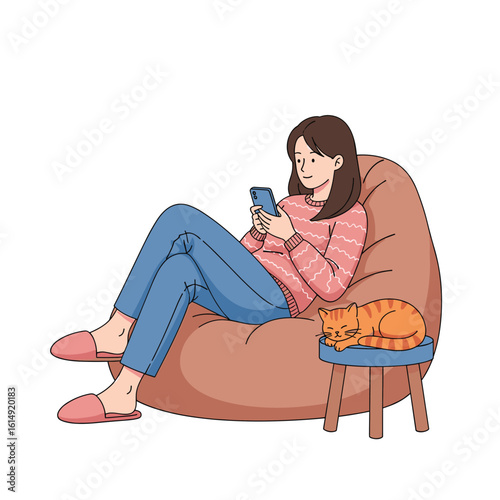 Relaxed person sitting on beanbag chair using mobile phone with cat sleeping nearby