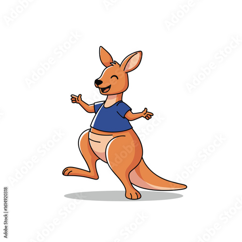 Adorable cartoon kangaroo wearing a blue t shirt with open arms and a happy expression