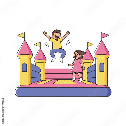 Children gleefully jumping and playing together inside a colorful inflatable bounce house castle with flags on top during daytime outdoor activities