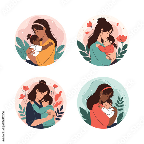 Beautiful mothers embracing their cherished children in tender loving moments