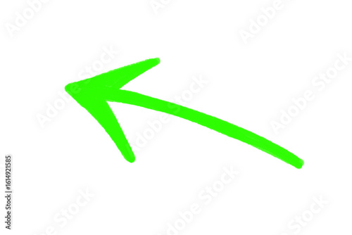 Energetic green arrow icon pointing direction left, creatively hand-drawn style marker illustration on transparent background