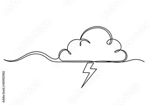 Vector art of a minimalist line drawing of a cloud with a lightning bolt, symbolizing a powerful storm