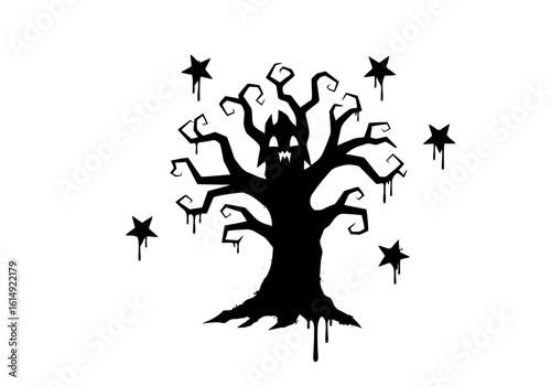 Vector art of a spooky halloween tree silhouette with dripping stars creates a chilling and eerie atmosphere