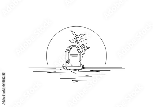 Vector art of a spooky tombstone with bats in a graveyard under the moonlight creates a halloween scene