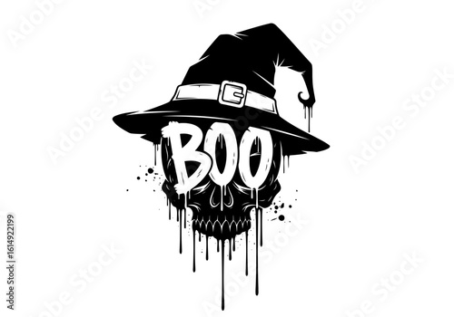 Vector art of a spooky skull wearing a witch hat with the word boo dripping down for halloween celebration