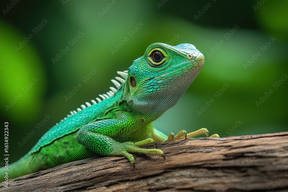 Fototapeta premium Emerald reptile perched on weathered wood lizard green