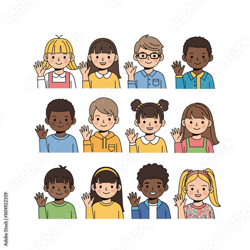 A diverse group of happy children waving hello showing unity and friendship among youngsters