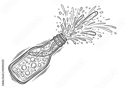 Vector art of an open bottle of sparkling liquid creates a dynamic splash effect in a vector illustration