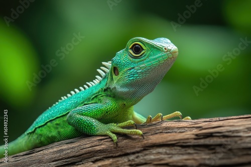 Emerald reptile perched on weathered wood lizard green