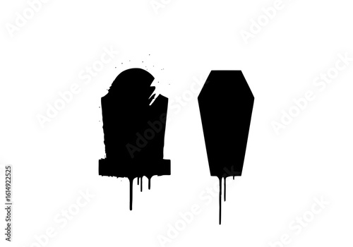 Vector art of a stark silhouette of a tombstone and coffin evokes a somber mood for halloween designs