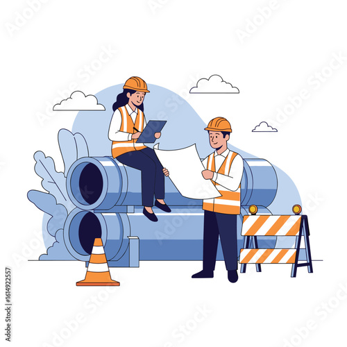 Construction workers inspecting large industrial pipes and project plans under blue sky