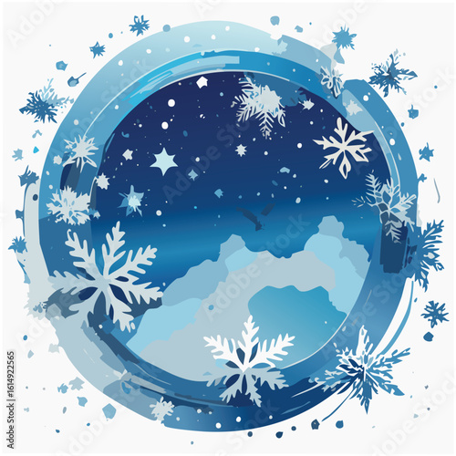 blue circle banner with snowflakes, stars and winter blizzard in watercolor style. Vector doodle card on white background with holiday winter concept symbol