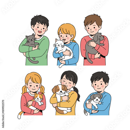 Children cherishing adorable kittens and puppies sharing moments of affection and joy with their beloved pets
