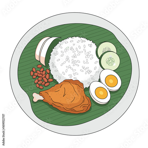 Delicious nasi lemak plate featuring fragrant coconut rice fried chicken boiled egg peanuts cucumber slices and anchovies served on a banana leaf