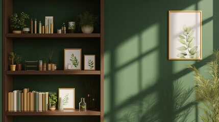 Sunlit Cozy Elegant Home Library with Green Walls & Bookshelf:  Serene & Peaceful.Empty Room. Zoom Virtual Backgrounds, Cozy Interior Backdrops, Modern  Living Room Background for Virtual Meetings.