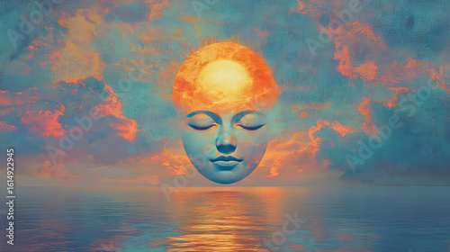 Serene face with sun, tranquil water