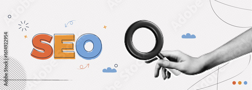 Trendy Halftone Collage Hand using magnifying glass focus to SEO. Optimising your website to rank in search engines. Promote traffic to web site. Contemporary vector illustration art