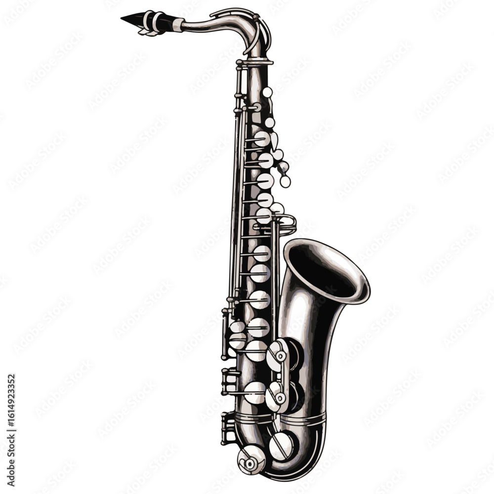 Golden alto saxophone, a jazzy wind instrument, isolated on a clean white background