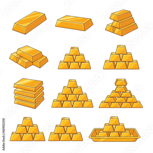 Shiny gold bars stacked and arranged in various configurations illustrating wealth and investment
