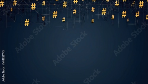 Abstract Digital Network Background Featuring Gold Hashtags and Blue Grids