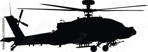 Military attack helicopter silhouette, airborne defense vehicle with weapons, tactical aviation design, cad drawing flat vector illustration