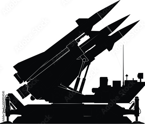 Silhouette of missile launcher system with triple missile setup, modern military weapon platform vector, defense technology flat illustration