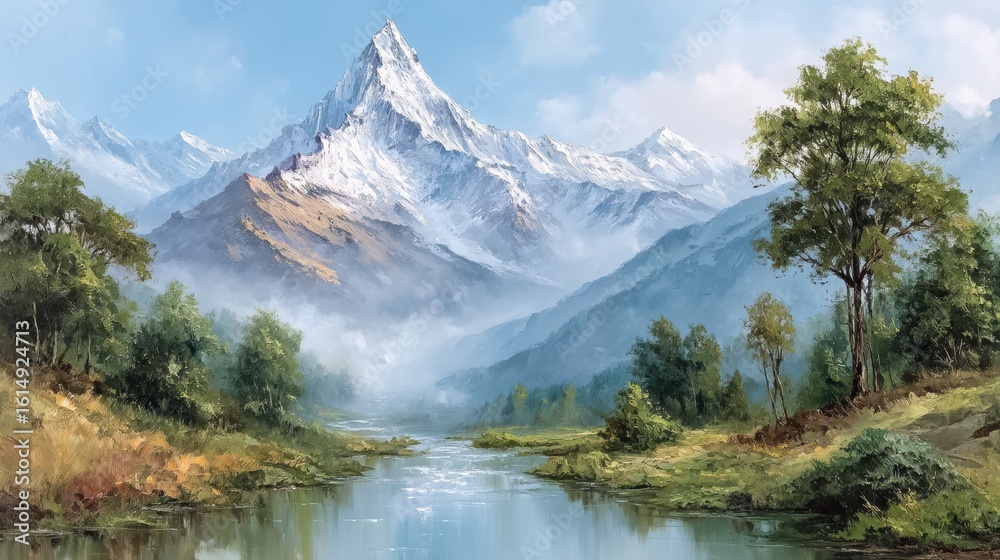 Fototapeta premium Majestic Snow-Capped Mountains at Sunrise with River Flowing Through Serene Trees in Nature