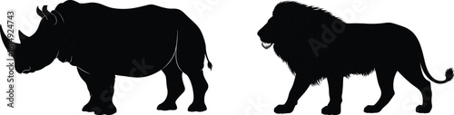 Silhouette of rhinoceros and lion facing off, wildlife rivalry concept, strong animal shapes, cad drawing flat vector illustration