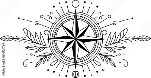 A black and white line drawing of a compass surrounded by decorative leaves and geometric shapes