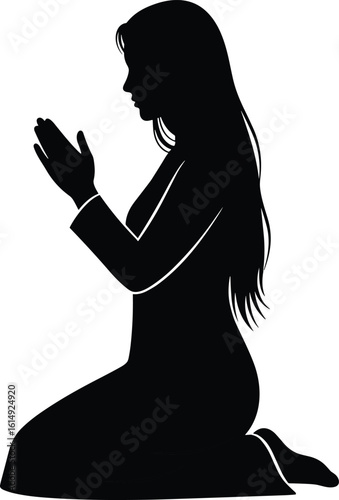 Silhouette of woman praying in peaceful posture, spiritual devotion, meditation, religious reflection, flat vector illustration on white