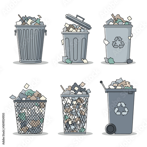 Collection of six different trash cans filled with discarded paper and other waste materials representing the concept of disposal and recycling efforts