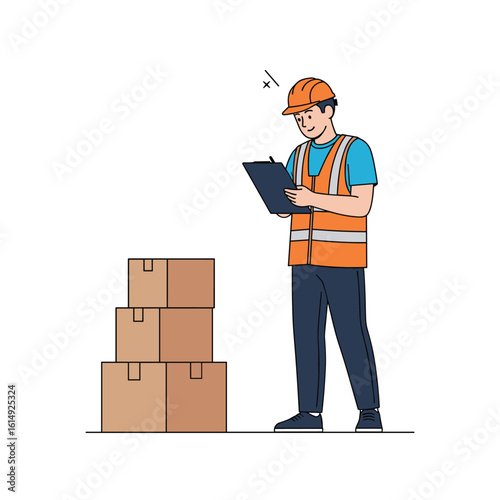 Warehouse worker checking inventory and stacks of boxes in a bright well-lit storage facility