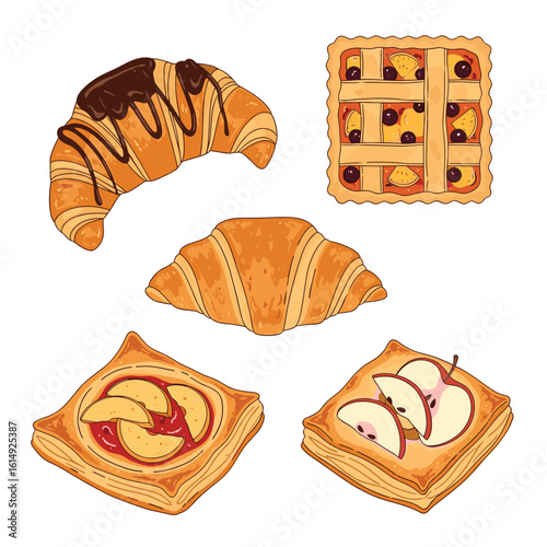 A delicious collection of french pastries including croissants tarts and sweet baked goods