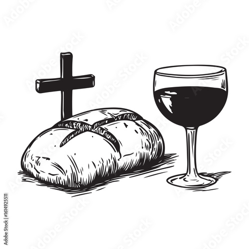 bread and wine with a cross silhouette
