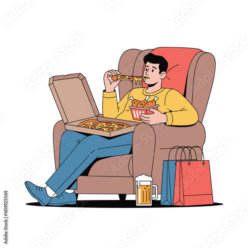 Man enjoying a relaxing evening at home with pizza and a refreshing beverage in his comfortable armchair surrounded by shopping bags